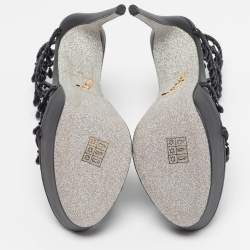 Pre Owned René Caovilla Chandelier Size 39 Black Leather Satin Platform Ankle Wrap Sandals