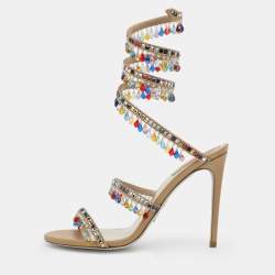 Pre Owned René Caovilla Chandelier Crystal Embellished Size 39 Beige Satin Ankle Wrap Sandals
