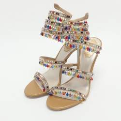 Pre Owned René Caovilla Chandelier Crystal Embellished Size 39 Beige Satin Ankle Wrap Sandals