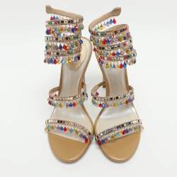Pre Owned René Caovilla Chandelier Crystal Embellished Size 39 Beige Satin Ankle Wrap Sandals