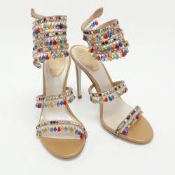 Pre Owned René Caovilla Chandelier Crystal Embellished Size 39 Beige Satin Ankle Wrap Sandals