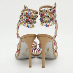 Pre Owned René Caovilla Chandelier Crystal Embellished Size 39 Beige Satin Ankle Wrap Sandals