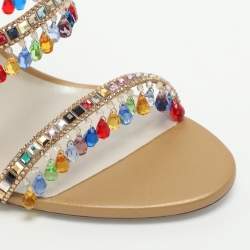 Pre Owned René Caovilla Chandelier Crystal Embellished Size 39 Beige Satin Ankle Wrap Sandals