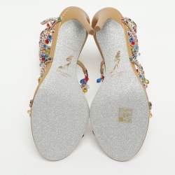Pre Owned René Caovilla Chandelier Crystal Embellished Size 39 Beige Satin Ankle Wrap Sandals