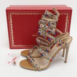 Pre Owned René Caovilla Chandelier Crystal Embellished Size 39 Beige Satin Ankle Wrap Sandals