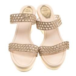 Pre Owned René Caovilla Beige Crystal Embellished Laser Cut Suede Wedge Slides Size 40