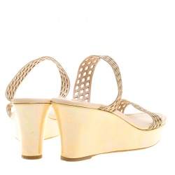 Pre Owned René Caovilla Beige Crystal Embellished Laser Cut Suede Wedge Slides Size 40