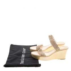 Pre Owned René Caovilla Beige Crystal Embellished Laser Cut Suede Wedge Slides Size 40