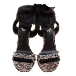 Pre Owned René Caovilla Black Crystal Embellished Satin With Fur Ankle Cuff Open Toe Sandals Size 39
