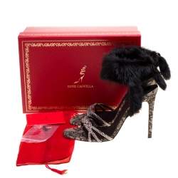 Pre Owned René Caovilla Black Crystal Embellished Satin With Fur Ankle Cuff Open Toe Sandals Size 39