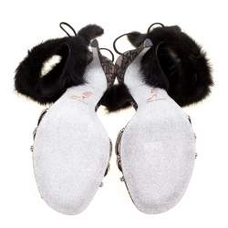 Pre Owned René Caovilla Black Crystal Embellished Satin With Fur Ankle Cuff Open Toe Sandals Size 39