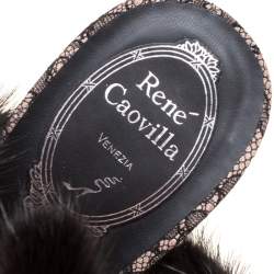 Pre Owned René Caovilla Black Crystal Embellished Satin With Fur Ankle Cuff Open Toe Sandals Size 39