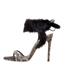 Pre Owned René Caovilla Black Crystal Embellished Satin With Fur Ankle Cuff Open Toe Sandals Size 39