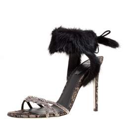 Pre Owned René Caovilla Black Crystal Embellished Satin With Fur Ankle Cuff Open Toe Sandals Size 39