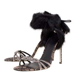 Pre Owned René Caovilla Black Crystal Embellished Satin With Fur Ankle Cuff Open Toe Sandals Size 39