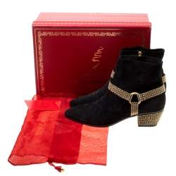René Caovilla Black Suede Crystal Embellished Pointed Toe Ankle Boots Size 40