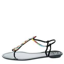 مملوكة مسبقًا René Caovilla Black Satin Beads Embellished Flat Thong Sandals Size 41