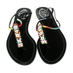 ممل�وكة مسبقًا René Caovilla Black Satin Beads Embellished Flat Thong Sandals Size 41
