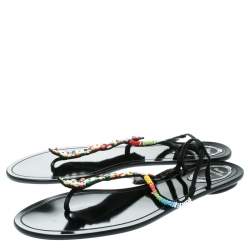 مملوكة مسبقًا René Caovilla Black Satin Beads Embellished Flat Thong Sandals Size 41