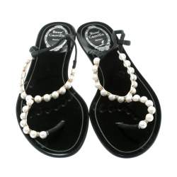 مملوكة مسبقًا René Caovilla Faux Pearl Embellished Flat Thong Sandals Size 41