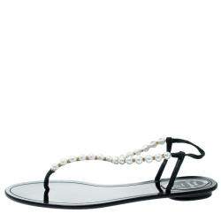 مملوكة مسبقًا René Caovilla Faux Pearl Embellished Flat Thong Sandals Size 41