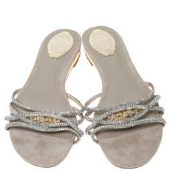 Pre Owned René Caovilla Cream Cystal Embellished Satin Flat Slides Size 41