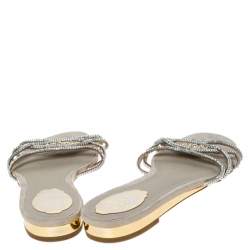 Pre Owned René Caovilla Cream Cystal Embellished Satin Flat Slides Size 41