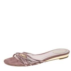 Pre Owned  René Caovilla Pink Embellished Satin Flat Slides Size 41