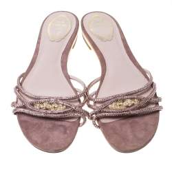 Pre Owned  René Caovilla Pink Embellished Satin Flat Slides Size 41