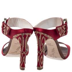 Rene Caovilla Red Satin Embellished Buckle Sandals Size 37.5