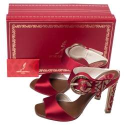 Rene Caovilla Red Satin Embellished Buckle Sandals Size 37.5