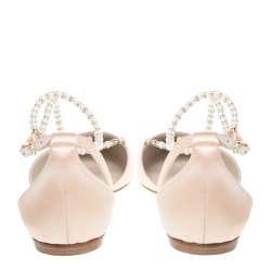 Renè Caovilla Beige Satin Faux Pearl Ankle Wrap Pointed Toe Flats Size 40.5