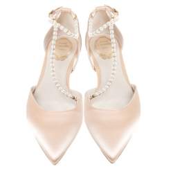 Renè Caovilla Beige Satin Faux Pearl Ankle Wrap Pointed Toe Flats Size 40.5