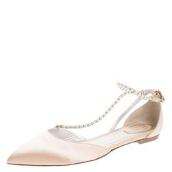 Renè Caovilla Beige Satin Faux Pearl Ankle Wrap Pointed Toe Flats Size 40.5