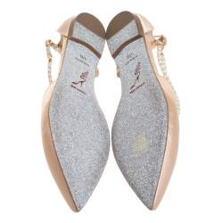 Renè Caovilla Beige Satin Faux Pearl Ankle Wrap Pointed Toe Flats Size 40.5
