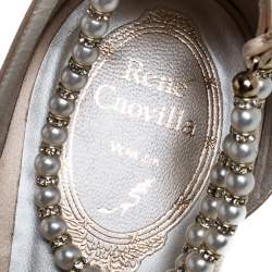 Renè Caovilla Beige Satin Faux Pearl Ankle Wrap Pointed Toe Flats Size 40.5