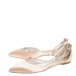 Renè Caovilla Beige Satin Faux Pearl Ankle Wrap Pointed Toe Flats Size 40.5
