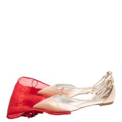 Renè Caovilla Beige Satin Faux Pearl Ankle Wrap Pointed Toe Flats Size 40.5