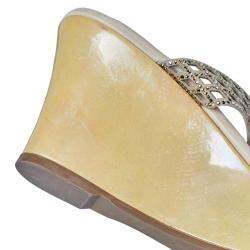 Pre Owned René Caovilla Beige Crystal Embellished Laser Cut Suede Wedge Slides Size 40