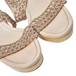 Pre Owned René Caovilla Beige Crystal Embellished Laser Cut Suede Wedge Slides Size 40