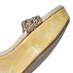 Pre Owned René Caovilla Beige Crystal Embellished Laser Cut Suede Wedge Slides Size 40