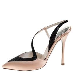 René Caovilla Blush Pink/Black Satin Pointed Toe Slingback Pumps Size 38