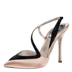 René Caovilla Blush Pink/Black Satin Pointed Toe Slingback Pumps Size 38