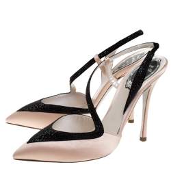 René Caovilla Blush Pink/Black Satin Pointed Toe Slingback Pumps Size 38