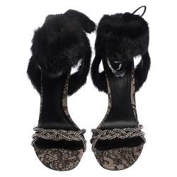 Pre Owned René Caovilla Black Fur And Crystal Embellished Ankle Cuff Sandals Size 39