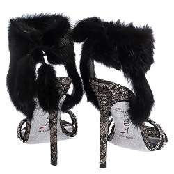 Pre Owned René Caovilla Black Fur And Crystal Embellished Ankle Cuff Sandals Size 39