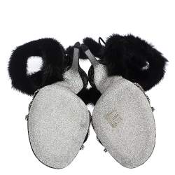 Pre Owned René Caovilla Black Fur And Crystal Embellished Ankle Cuff Sandals Size 39