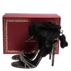 Pre Owned René Caovilla Black Fur And Crystal Embellished Ankle Cuff Sandals Size 39