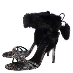 Pre Owned René Caovilla Black Fur And Crystal Embellished Ankle Cuff Sandals Size 39