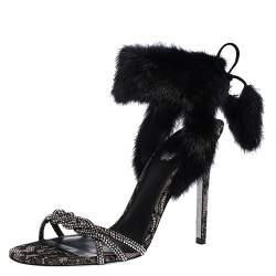 Pre Owned René Caovilla Black Fur And Crystal Embellished Ankle Cuff Sandals Size 39